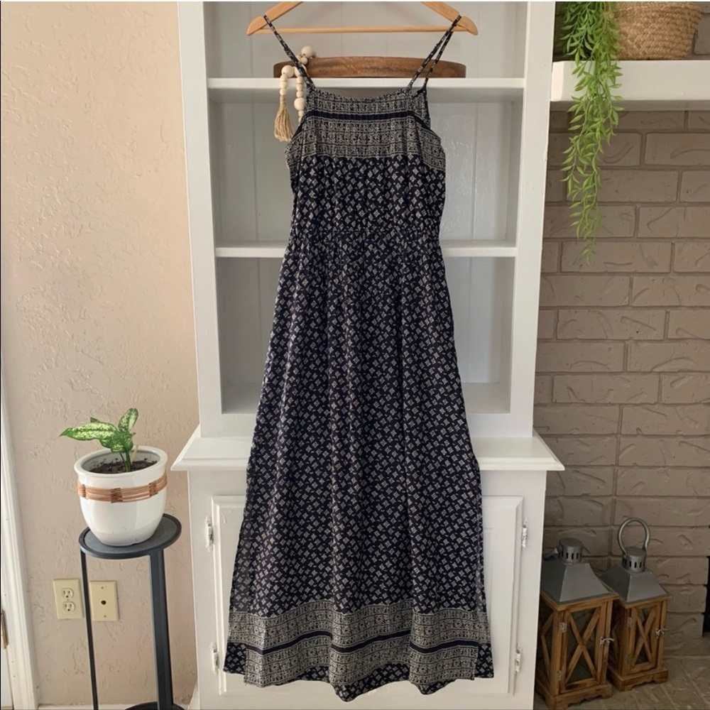 Sea New York 100% Silk Blue Print Pintuck Side Slit Tank Maxi Dress
